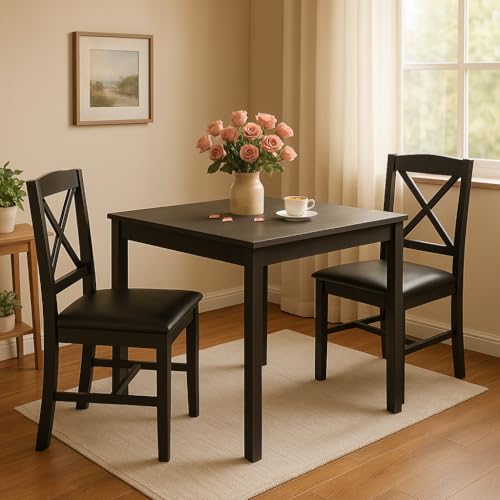 Tangkula Mid-Century Modern Dining Table Set for 2, Wooden Kitchen Table & 2 Chairs with Padded Seats, 3-Piece Compact Dining Set for Small Spaces, Kitchen, Living Room (Grey+Black)