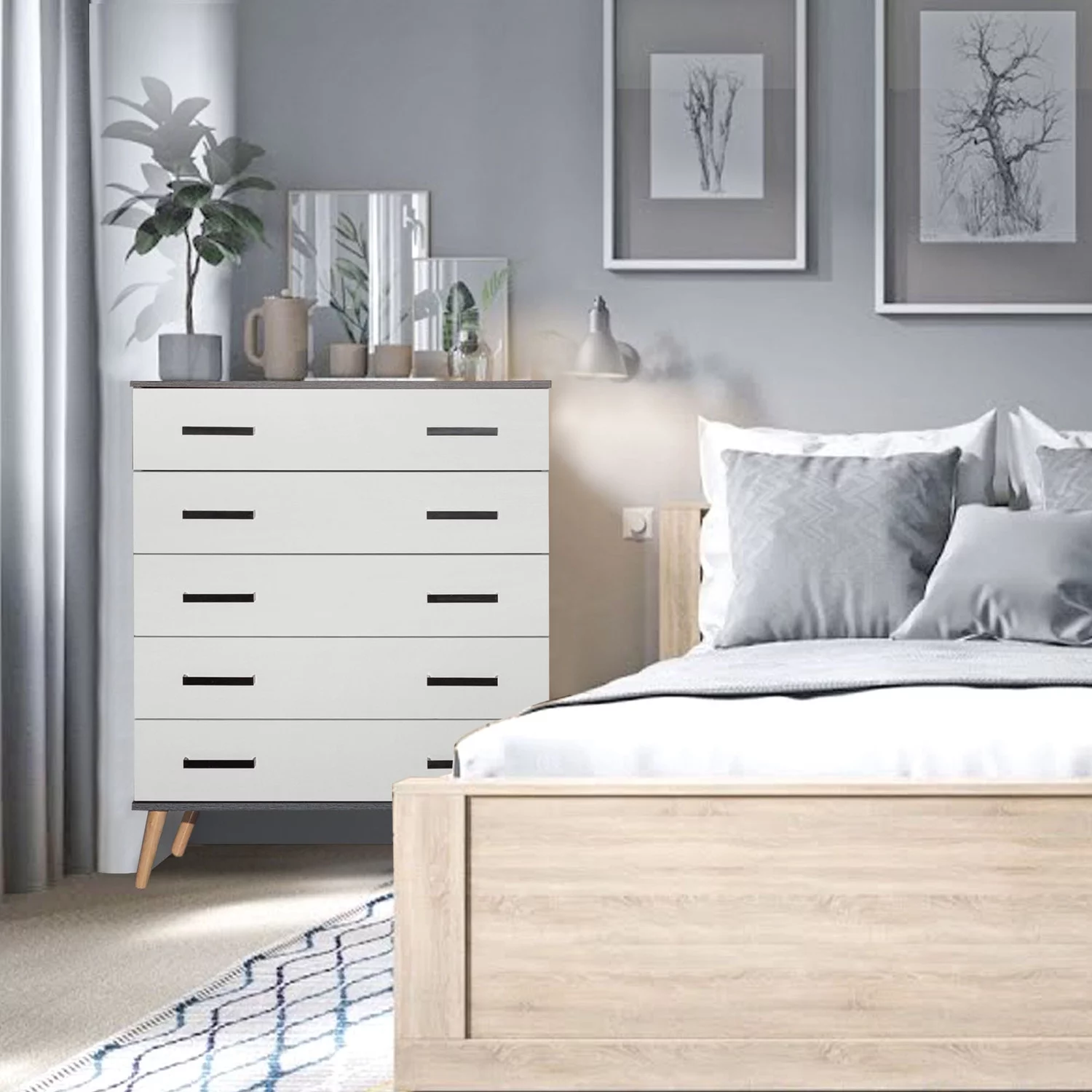 Better Home Products Chest Five Drawer with Pine Legs in Gray and Silver Oak Finish.