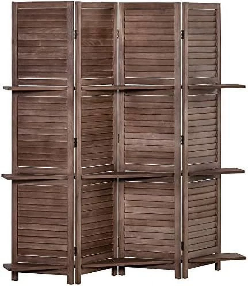 HOOMHIBIU 4-Panel Folding Room Divider  5.6 Ft Freestanding Paulownia Wood Privacy Screen Panel with  Shelves for Bedroom or Office  Walnut