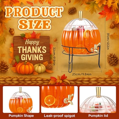 1.3 Gallon Thanksgiving Plastic Drink Dispenser with Metal Stand Spigot Pumpkin Shaped Drink Dispenser Beverage Flask with Spigot for Fall Harvest Halloween Autumn Party Supplies