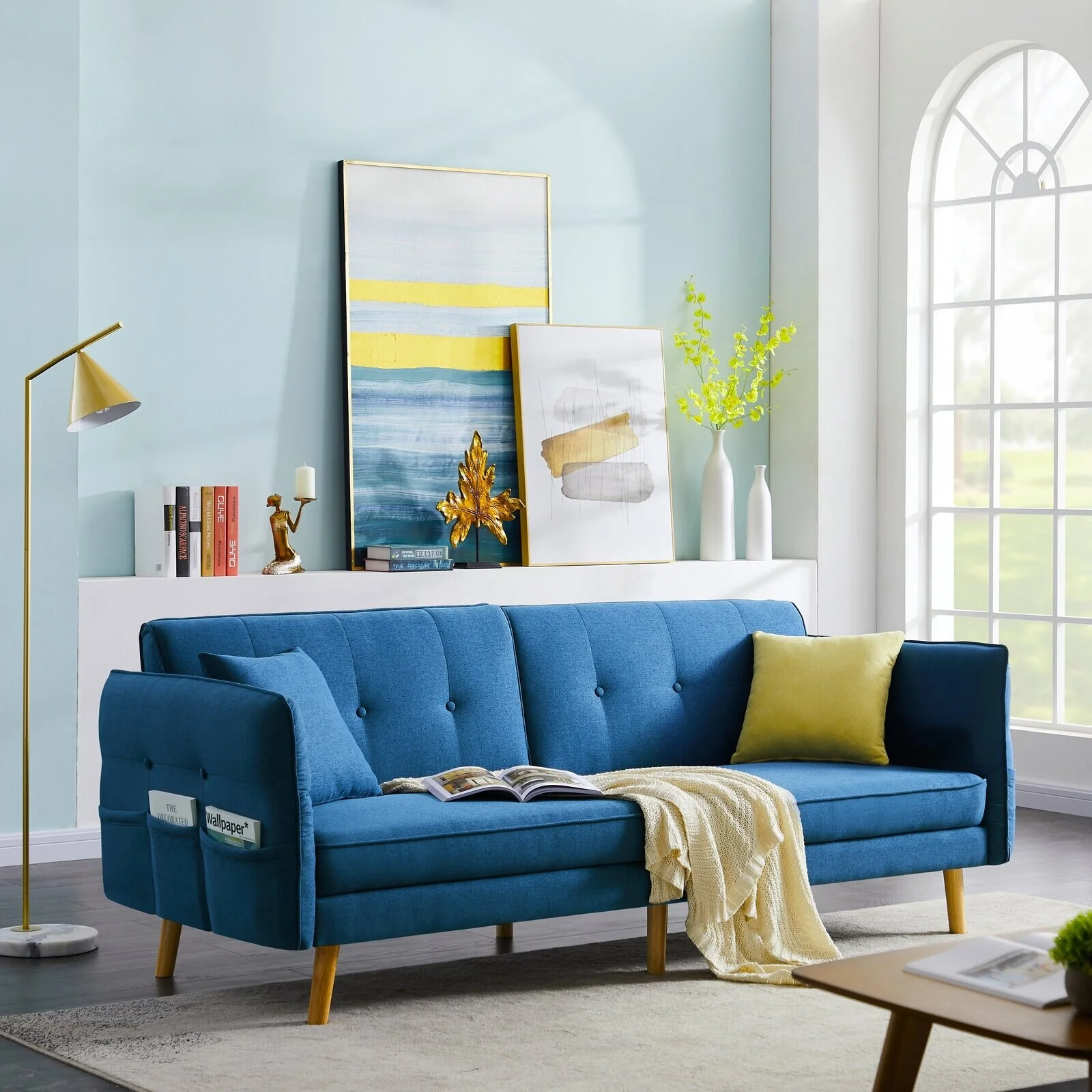 DENOSEN  Convertible Futon Sofa Bed with Adjustable Armrest/Backrest Blue