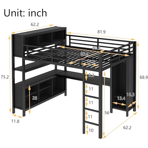 Queen Size Metal Loft Bed with Wardrobe and L-Shaped Desk,Storage Cubes and Shelves,for Kids Teens Adults Bedroom Use (Black#y, Queen)