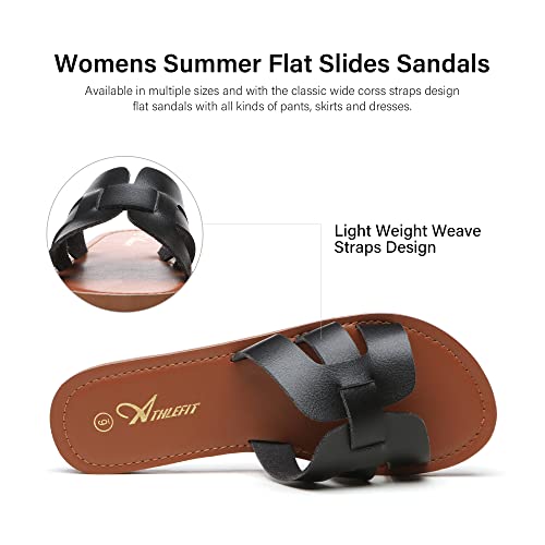 Athlefit Women's Flat Sandals Summer Casual Slip On Leather Slide Sandal