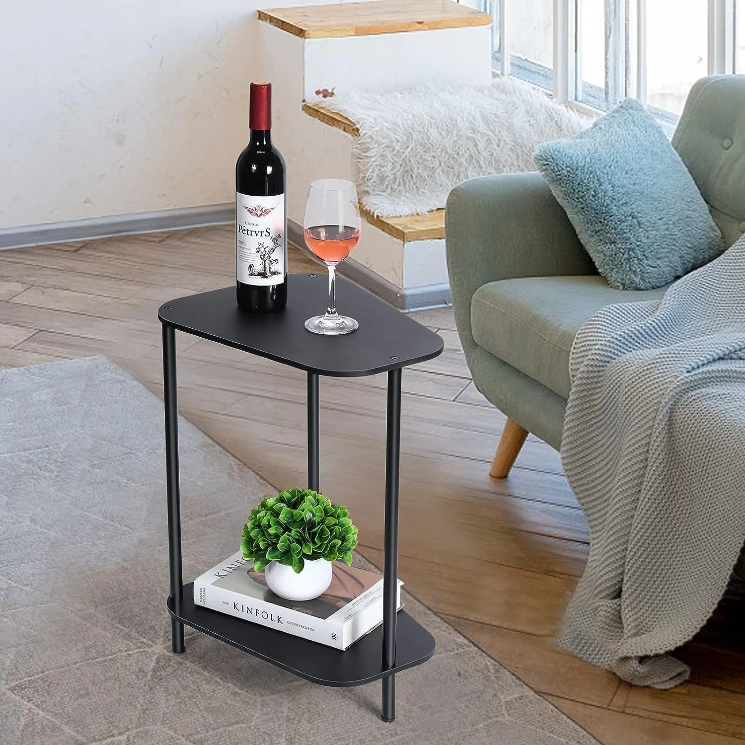 Small End Tables Living Room Set of 2 Trapezoid - Black