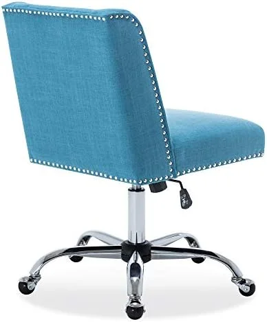 Modern Upholstered Linen Office Chair With Nailhead Trim, Armless Adjustable Height Swivel With Wheels, Stylish Farmhouse Computer Desk Seating - Blue