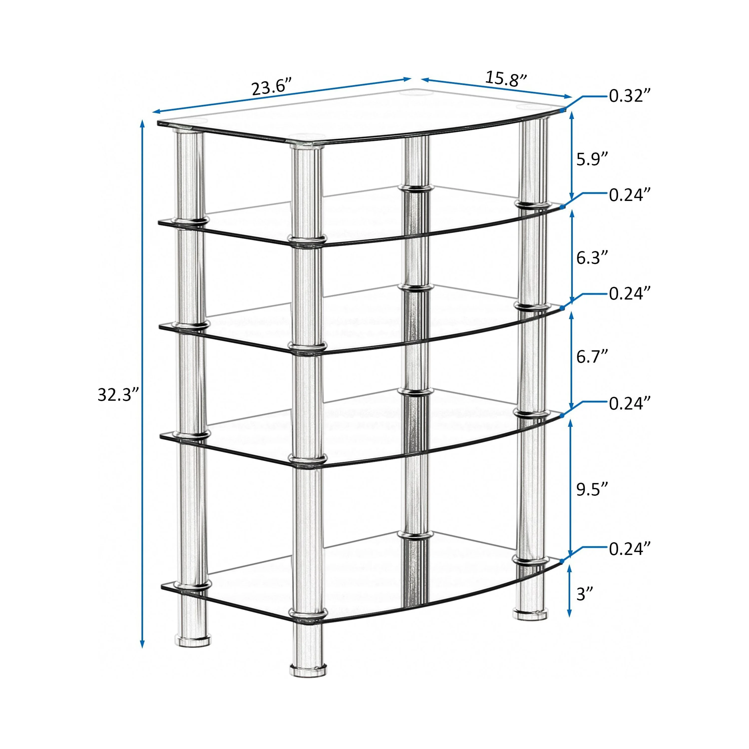 5-Tier Tempered Glass Living Room Side Table with Stainless Steel Frame- Black