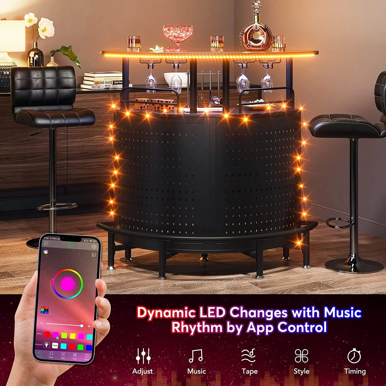 Smart LED Lights Bar Unit, 3-Tier Liquor Bar Table with Glasses Holder
