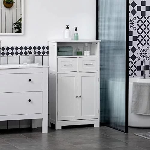 RUNFAYBIU Bathroom Cabinet Organizer  Freestanding Small  Cabinet with Two Drawers and Adjustable  for Living Room  or Entryway  Grey