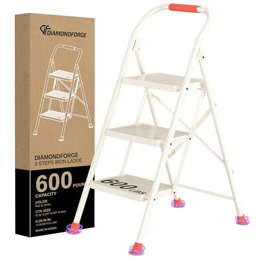 Step Ladder Foldable Folding Stool - for Home Adults Kitchen 3 Stepping Extension Tall Heavy Duty with Handrails - Closet Stepstool Stair Ladders Extendable Stepladder for Indoor House 600Lbs