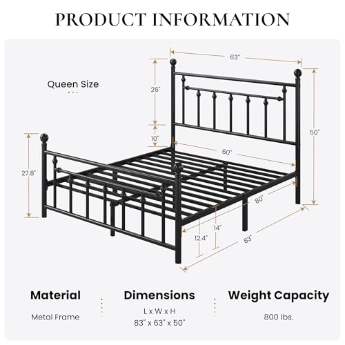 SHA CERLIN 14'' Full Size Metal Platform Bed Frame/Victorian Headboard and Footboard/Steel Slats Mattress Foundation for Storage/No Box Spring Needed/Noise Free/Black