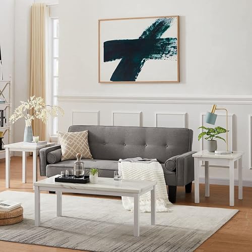 DKLGG Faux Marble Coffee Table Set of 3 Piece, Living Room Table Set Coffee Table & 2pcs End Table with Metal Frame Sofa Side Tables Perfect for Living Room Apartment Accent Furniture
