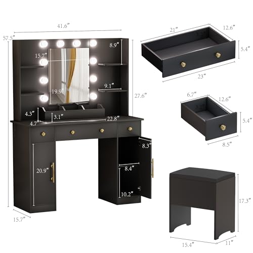 Vanity Desk with Mirror and Lights, White Vanity Mirror with Lights Desk and Chair & Charging Station, Makeup Vanity Desk with Lights for Women Bedroom 3 Color Modes Adjustable