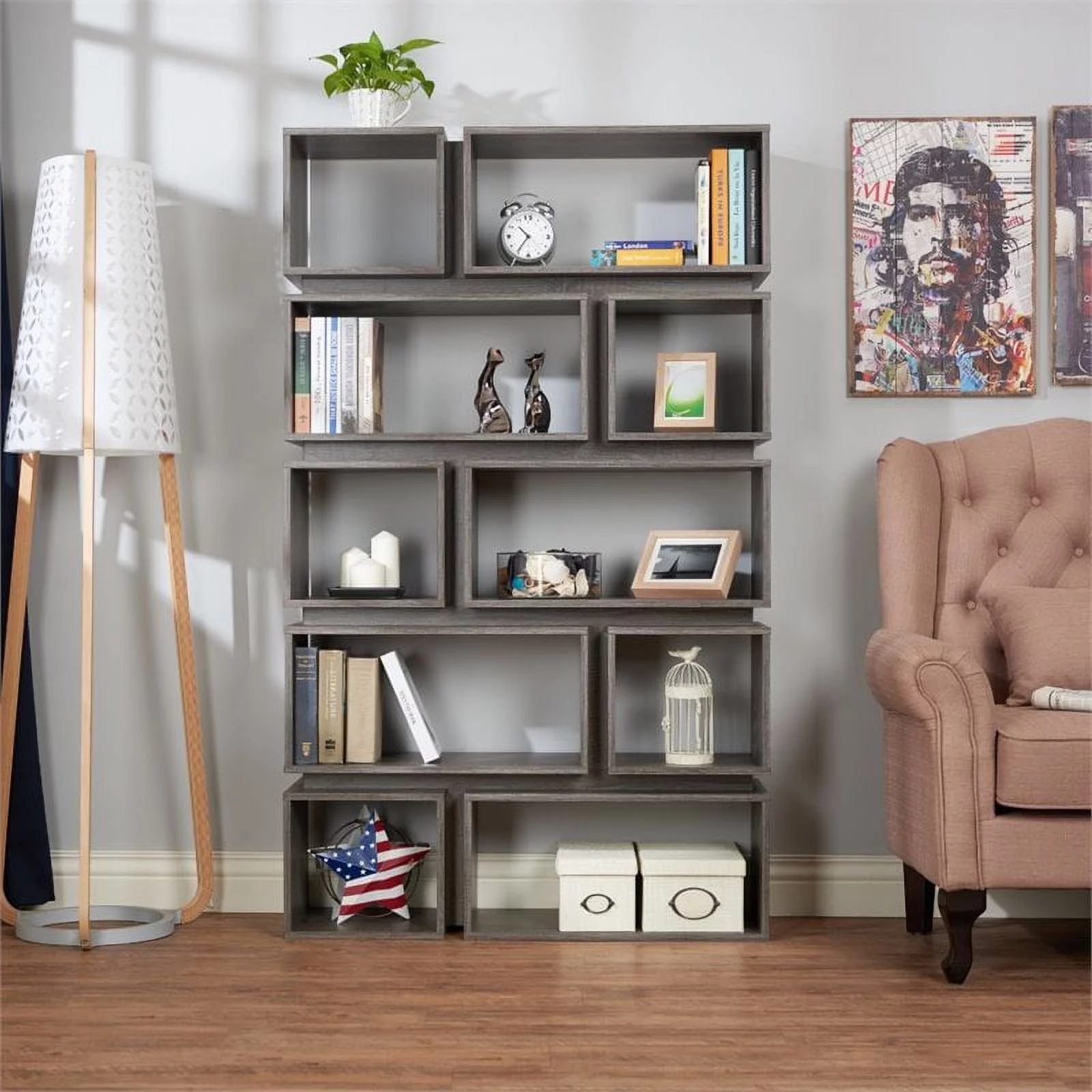 Furniture of America Ariana Wood Geometric Bookcase in Distressed Gray