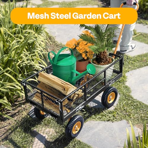 VIVOHOME Heavy Duty 880 Lbs Capacity Mesh Steel Garden Cart Folding Utility Wagon with Removable Sides and 4.10/3.50-4