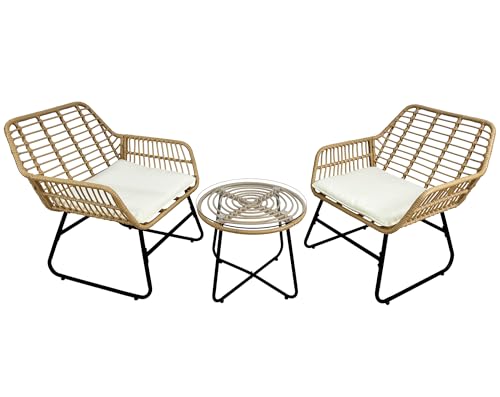 3-Piece Rattan Patio Bistro Set, Indoor/Outdoor Wicker Furniture, 1 Table and 2 Chairs with Washable Grey Cushions for Porch, Garden, Yard and Balcony
