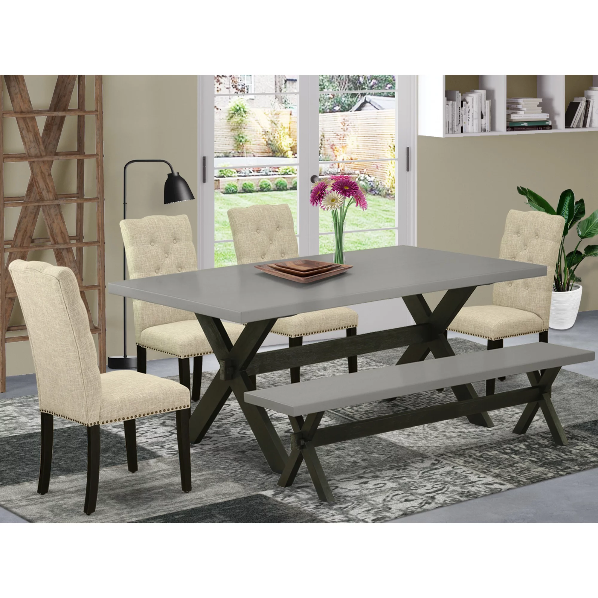 East West Furniture X697EL635-6 - 6-Piece Small Dining Table Set - 4 Dining Chairs, a Beautiful Bench and a Rectangular Dinner Table Hardwood Structure
