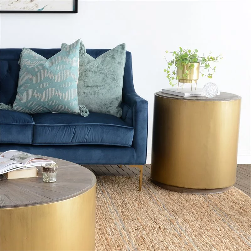 Home Square Wood and Metal End Table in Natural Brown and Gold - Set of 2