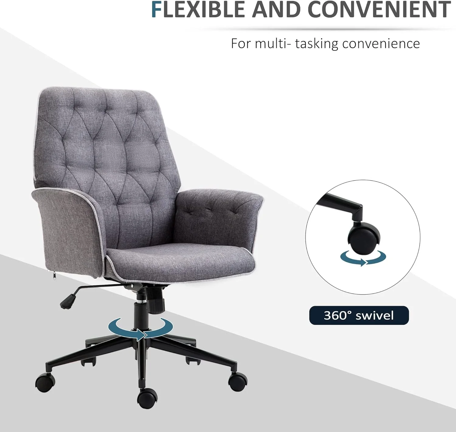 Vinsetto Linen Home Office Chair, Tufted Height Adjustable Computer Desk Chair With Swivel Wheels And Padded Armrests, Dark Gray
