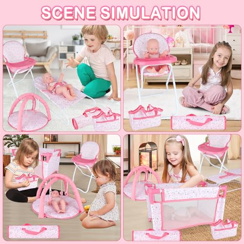 deAO Baby Doll Accessories Baby Doll Playset Doll High Chair Baby Doll Crib Bed Play Mat Storage Bag Handbag Wing - 6 in 1 Pink Dolls Playset with Furniture Toys for 12-14’’ Dolls