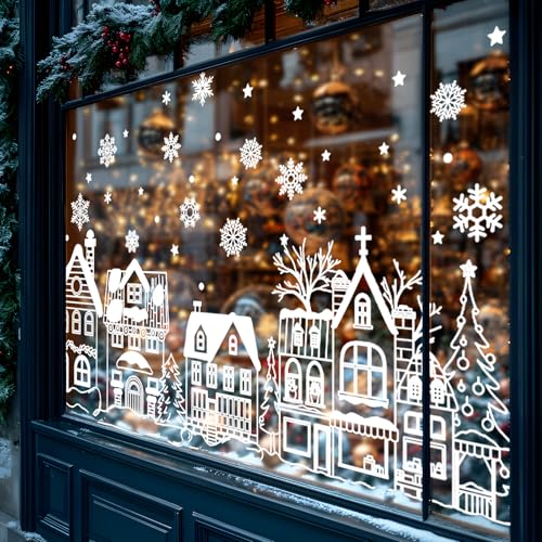 13.8 * 35.4'' Extra Large Christmas Window Clings 4 Sheets White House Snowflake Xmas Tree Window Stickers Double-Sided Glass Decals for Winter Xmas Home Classroom Office Party Decoration