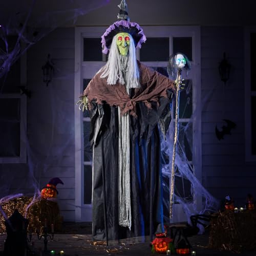 JOYIN 59” Halloween Decorations Outdoor Hanging Witch Talking Decor with Light Up Skull Skeleton Wand, for Front Porch Door Haunted House Party Supplies Sound Activated