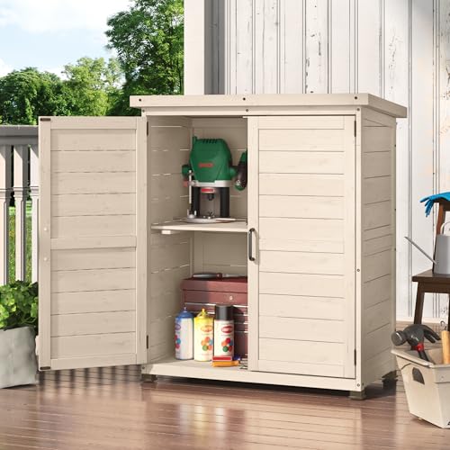 AECOJOY Outdoor Storage Cabinet, Garden Potting Bench Table with Waterproof Metal Tabletop and Removable Shelves, Solid Wooden Storage Shed Planting Work Bench for Patio, Beige