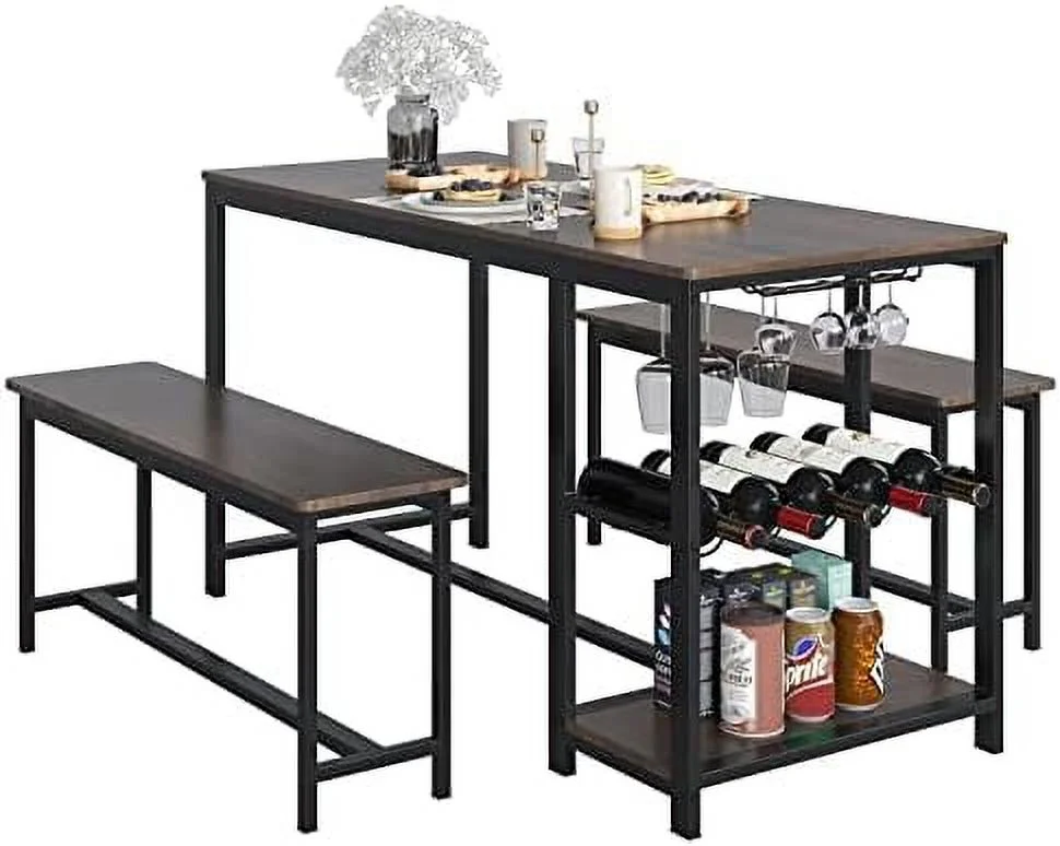 HOOMHIBIU 3-Piece Dining Table Set  Rustic Wood Kitchen Dinner Table with Benches for 4  Breakfast Nook Table with Wine Rack and Glass Holder  Dark Brown