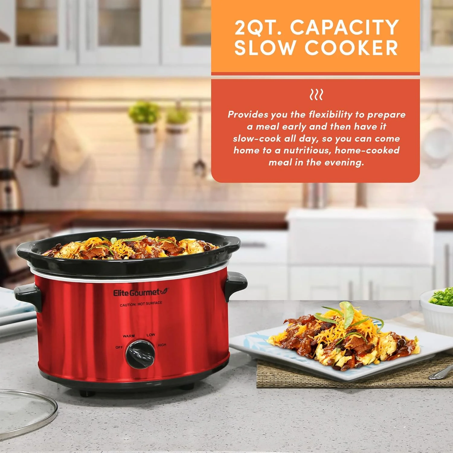 Elite Gourmet MST-275XR Electric Oval Slow Cooker, Adjustable Temp, Entrees, Sauces, Stews & Dips, Dishwasher Safe Glass Lid & Crock (2 Quart, Metallic Red) Metallic Red MST-275XR