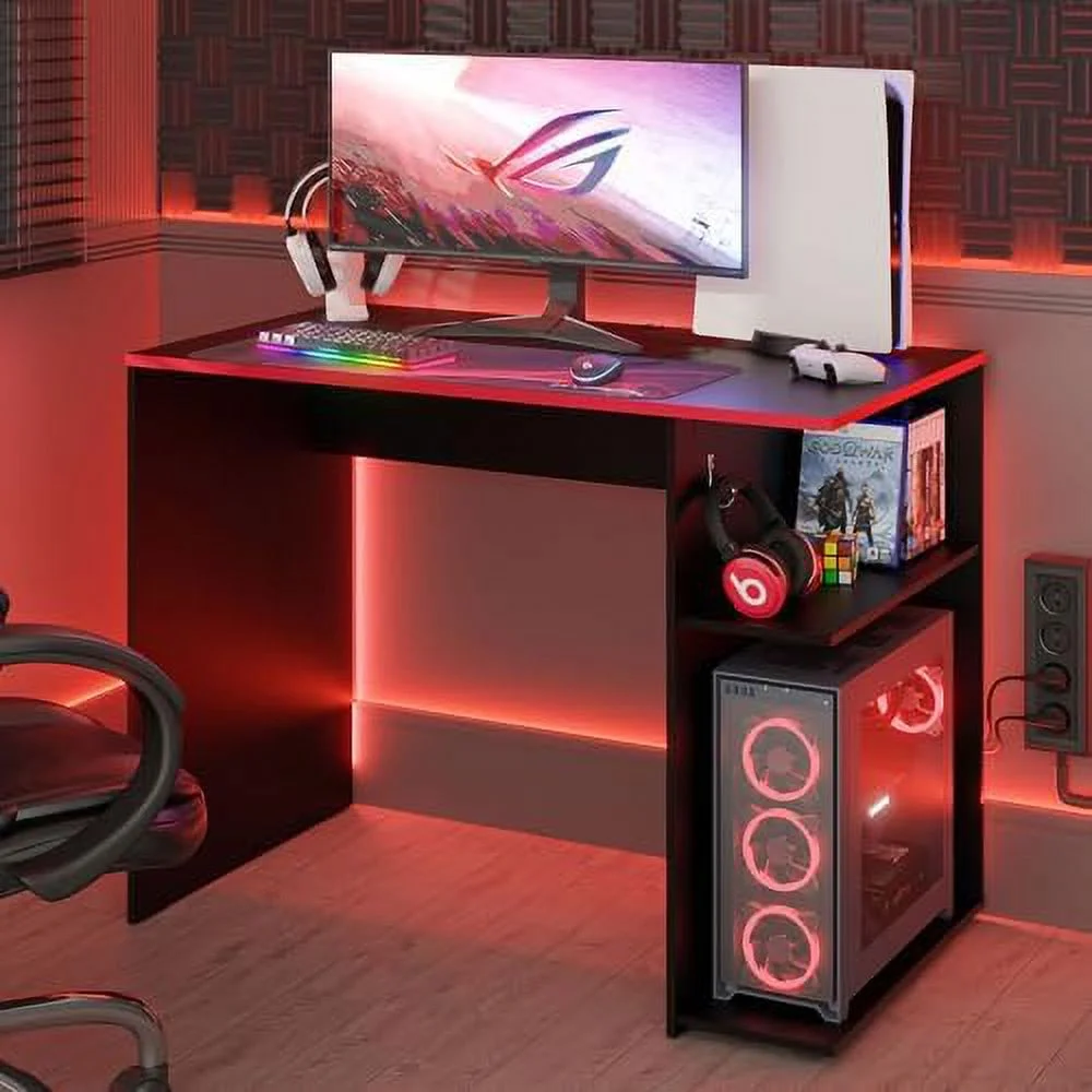 KBANZIBIU Compact Gaming Computer Desk with 2 Shelves  Cable Management and Large Monitor Stand  Wood  21" D x 39" W x 30" H - Black/Red