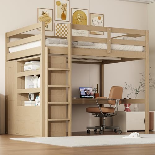 Harper & Bright Designs Full Size Loft Bed with Desk & Wardrobe, Wood Full Loft Bunk Bed with Storage Shelves and Drawers, No Box Spring Needed,White