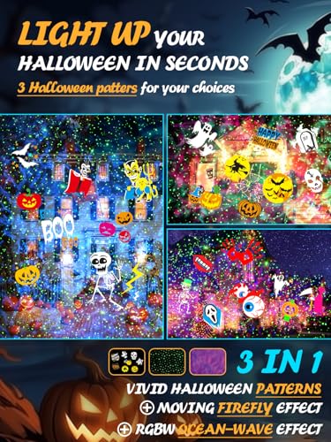 3 in 1 Halloween Projector Outdoor with Firefly & Ocean Wave Light, 160 HD Patterns Halloween Decor, 3D Dynamic Christmas Holiday Snowflake Projector Waterproof w/Timer for Outdoor Indoor Light Show