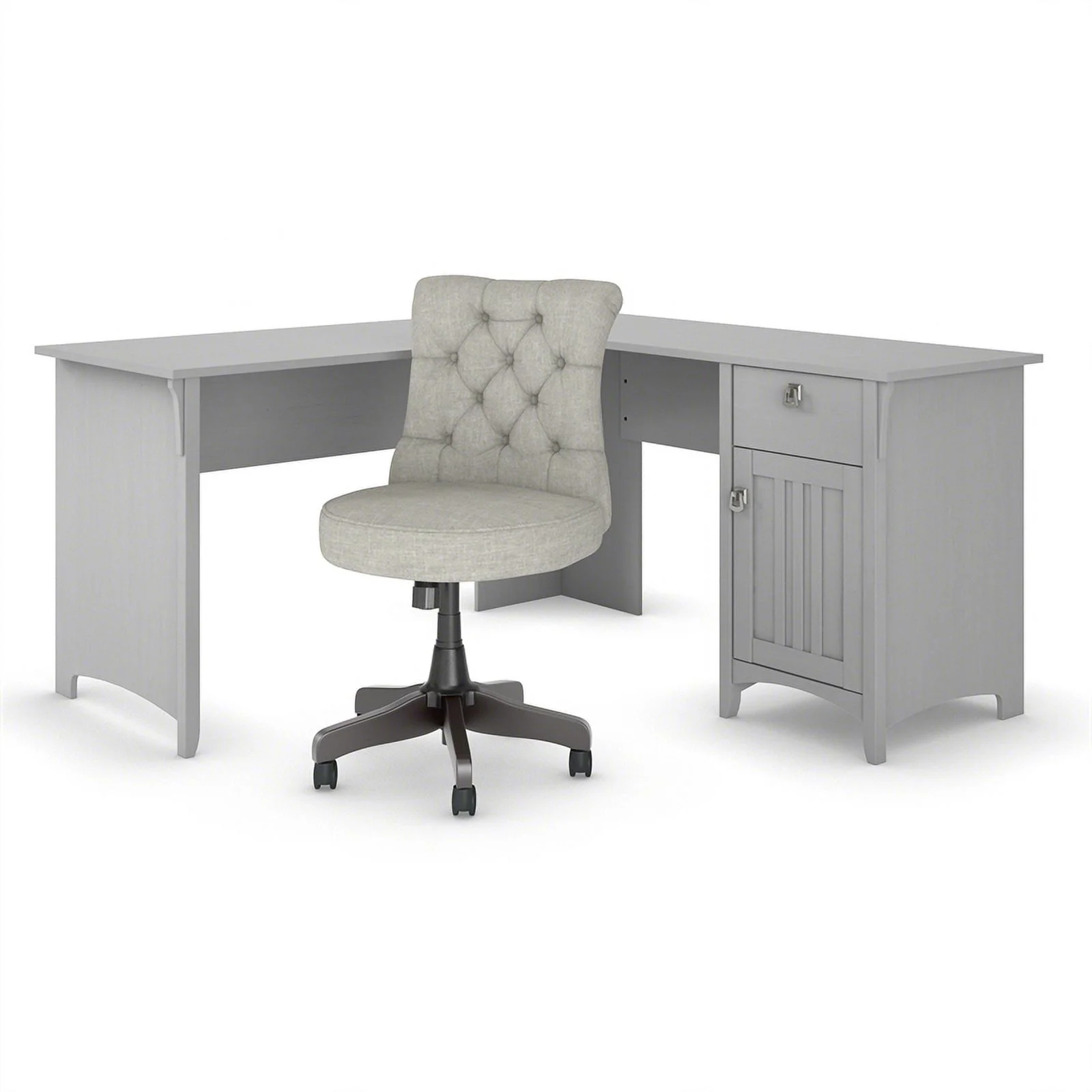 Pemberly Row Engineered Wood L-Shaped Desk and Chair Set in Cape Cod Gray