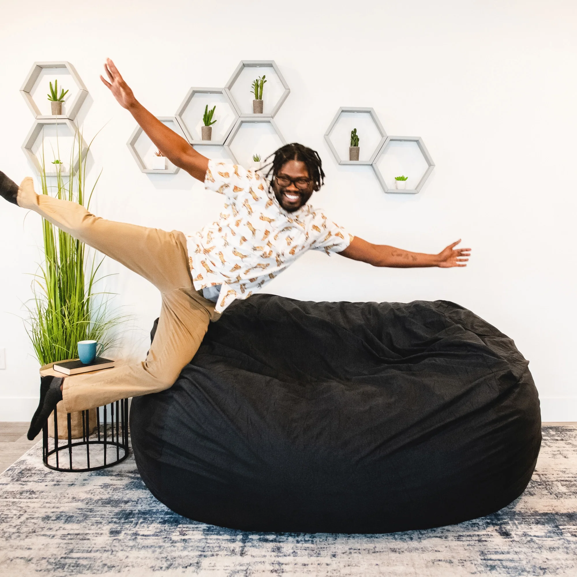 Big Joe Fuf XXL Foam Filled Bean Bag Chair with Removable Cover, Black Lenox, 6 feet Giant