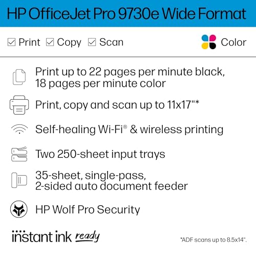 HP OfficeJet Pro 9730e Wide-Format Wireless All-in-One Color Inkjet Printer, Print, scan, Copy up to 11x17', ADF, Duplex Printing Best-for-Office, 3 Month Instant Ink Trial Included (537P6A)