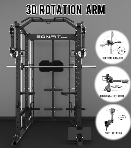 Eonfit E5 Smith Machine with Vertical Leg Press, Power Cage Squat Rack with LAT-Pull Down Cable Crossover Rotating Arms System Home Gym Equipment All in One (E5 RED)
