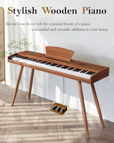 Longeye Digital Piano 88 Keys Wood Piano Keyboard Semi Weighted Electric Piano for Beginners and Professionals with Triple Pedal, Headphone, Music Rest Support MIDI Connection MOOD Walnut