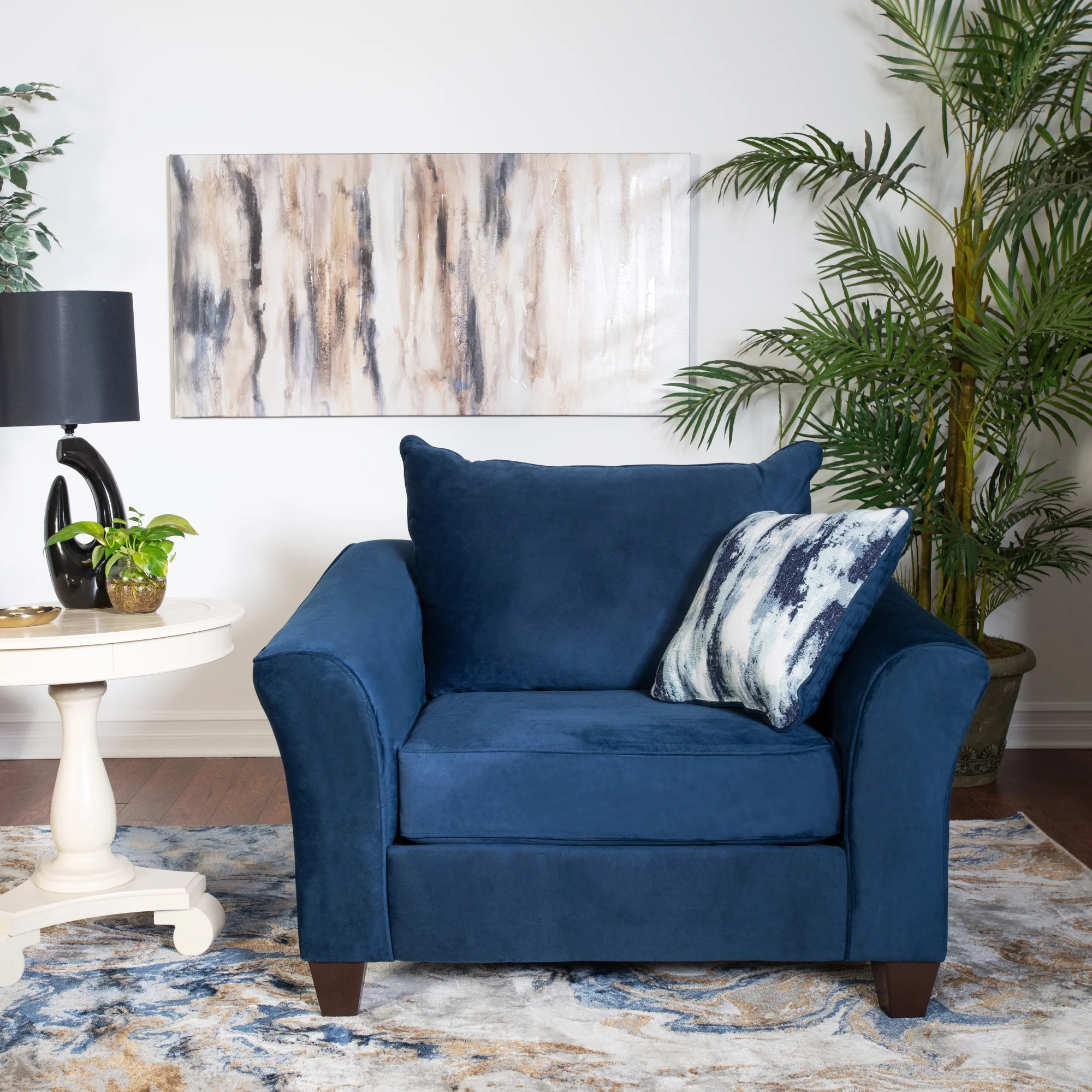 Roundhill Furniture Camero Fabric Pillowback Armchair with Ottoman Set, Fabric, Navy Blue