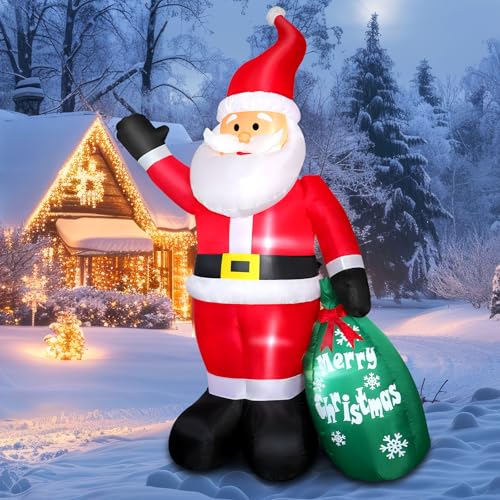 7 FT Christmas Inflatable Santa Claus Indoor Outdoor Decoration, Giant Blow up Santa Claus with Green Gift Bag, Built-in LED Lights for Patio Yard Garden Lawn Xmas Holiday Party Home Decor