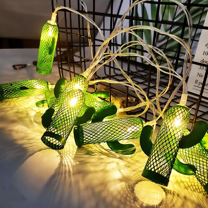 LED Cactus Iron Art Light String Party Resort Display Courtyard Decoration Light, Gift Wedding Halloween Christmas Party Decoration Battery Light (20 FT, Warm Yellow)