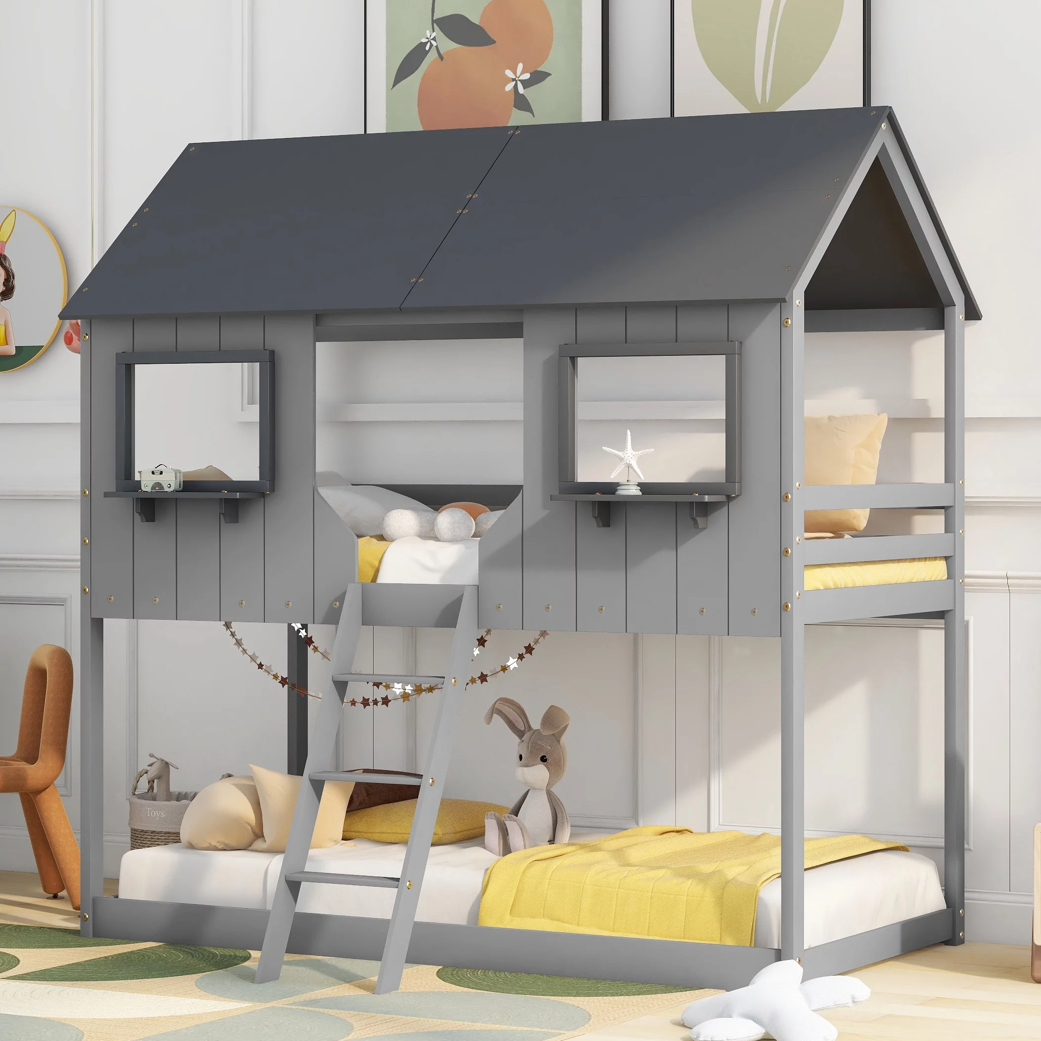 Bellemave Kids Bunk Bed Twin Over Twin, Wooden House Bunk Bed with Roof and Windows, Floor Bunk Beds for Kids Teens Girls Boys, No Spring Box Required (Gray)