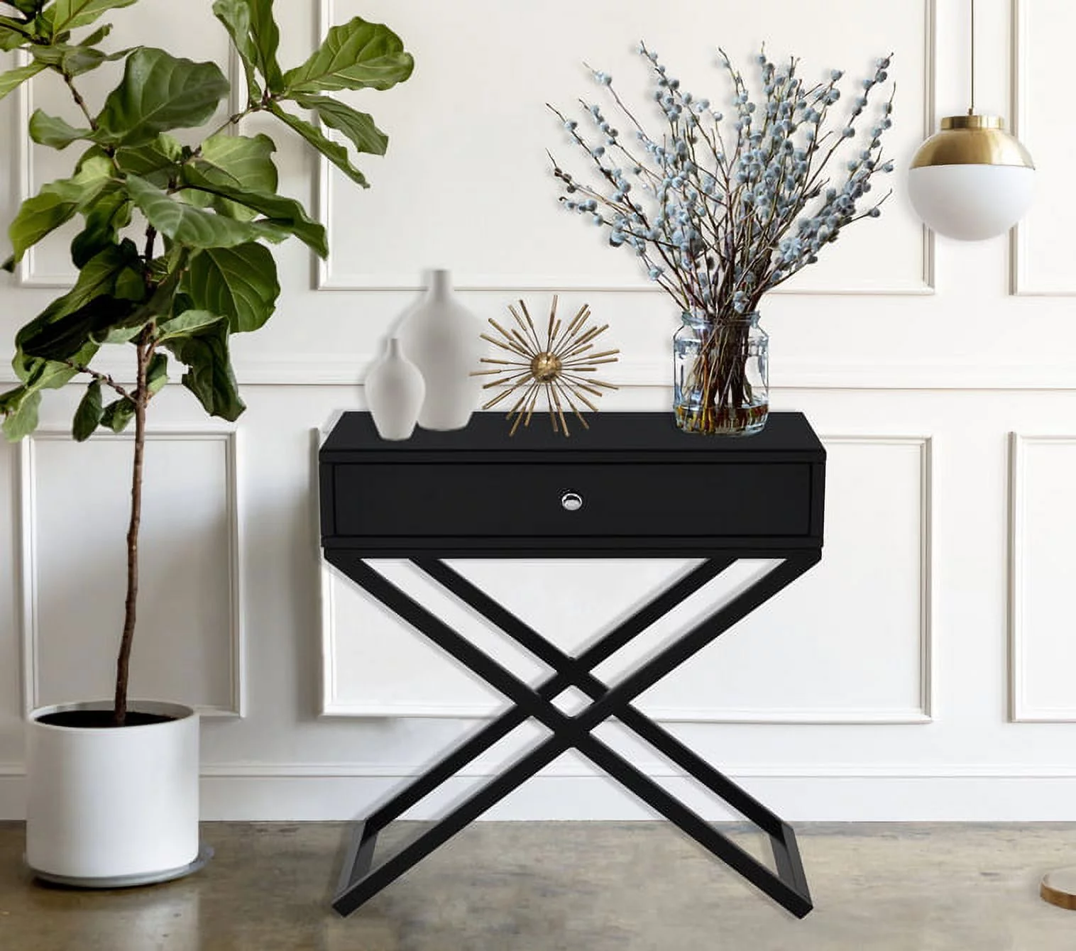Modern Wooden Nightstand with Drawer,Side End Table with Glass Top and Metal X-Base Legs,Black