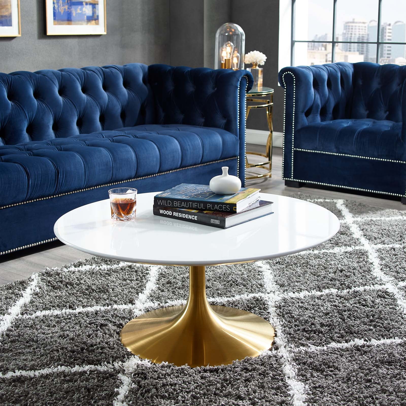 Modern Deco Contemporary Urban Design Living Room Lounge Club Lobby Coffee Table, Metal Steel Wood, Gold White