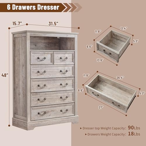 Dresser for Bedroom with Charging Station & LED Light,Tall Dresser & Chests of Drawers with 6 Drawers,Vintage Gray