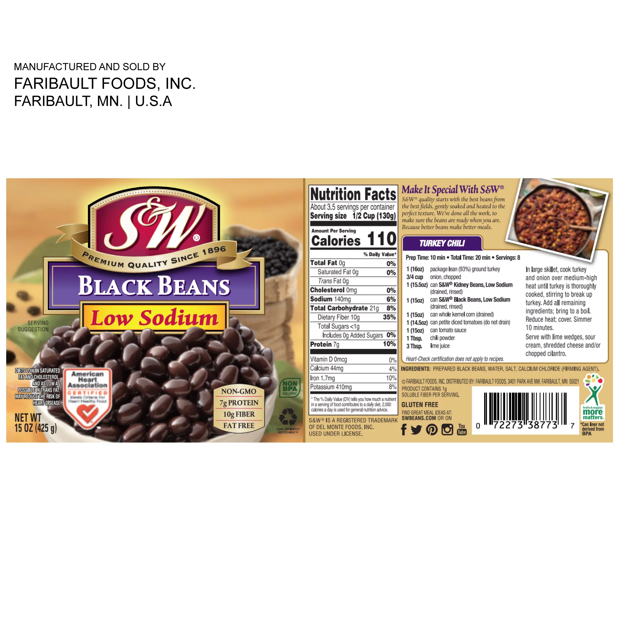 (12 Pack) S&W - Low Sodium Canned Black Beans, 15 Ounce Can