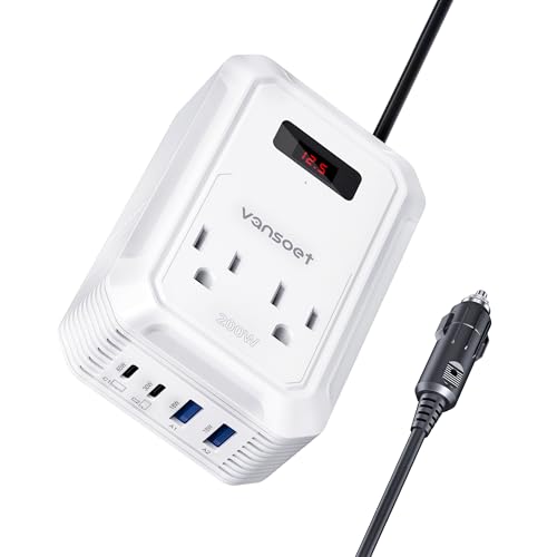 200W Car Power Inverter DC 12V to 110V AC Inverter with PD 65W/30W USB C & 2 QC 18W USB Ports & 2 AC Outlets,Car Pluɡ Adapter Outlet for Laptop/Phone/Road Trip