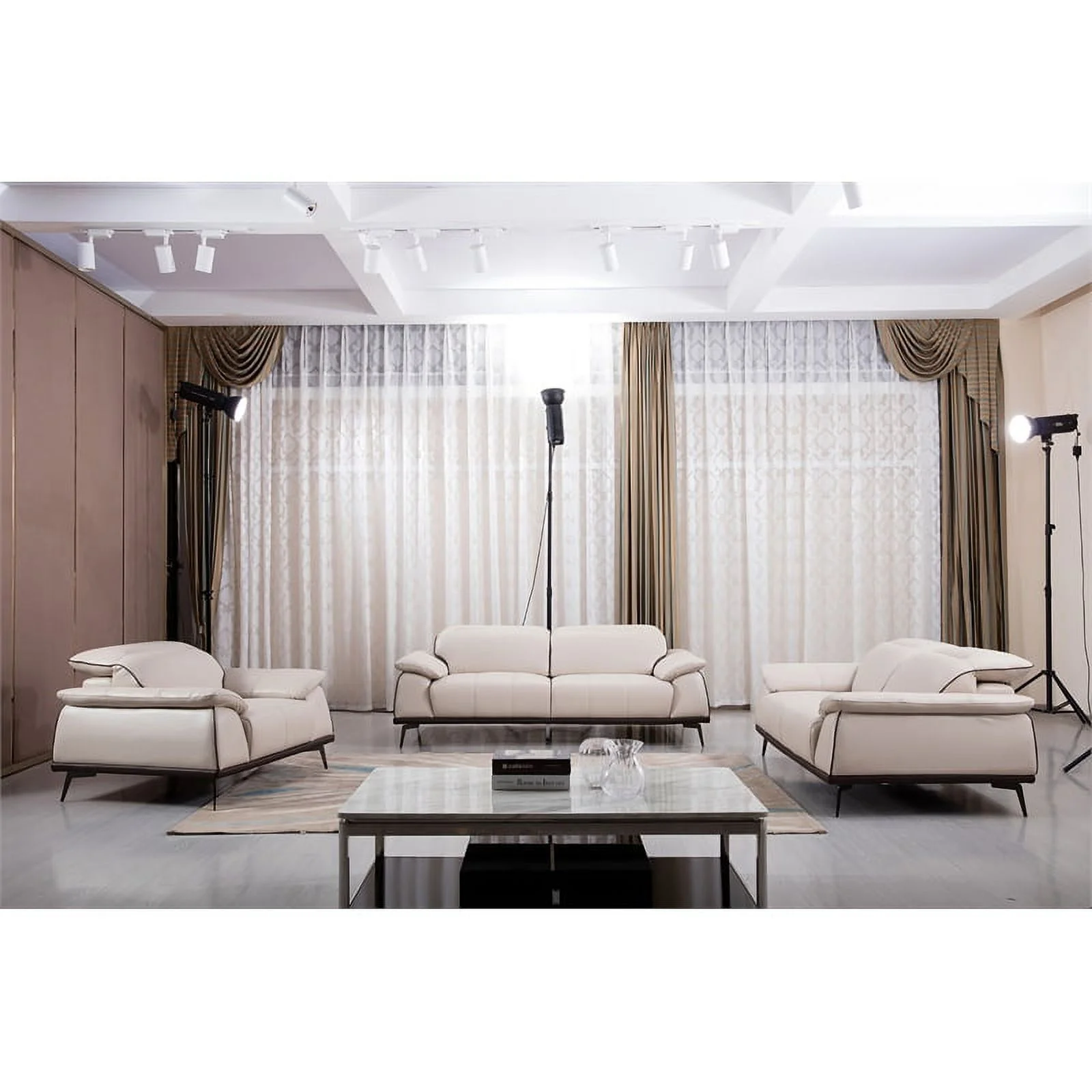 American Eagle Furniture Modern Leather Loveseat in Beige