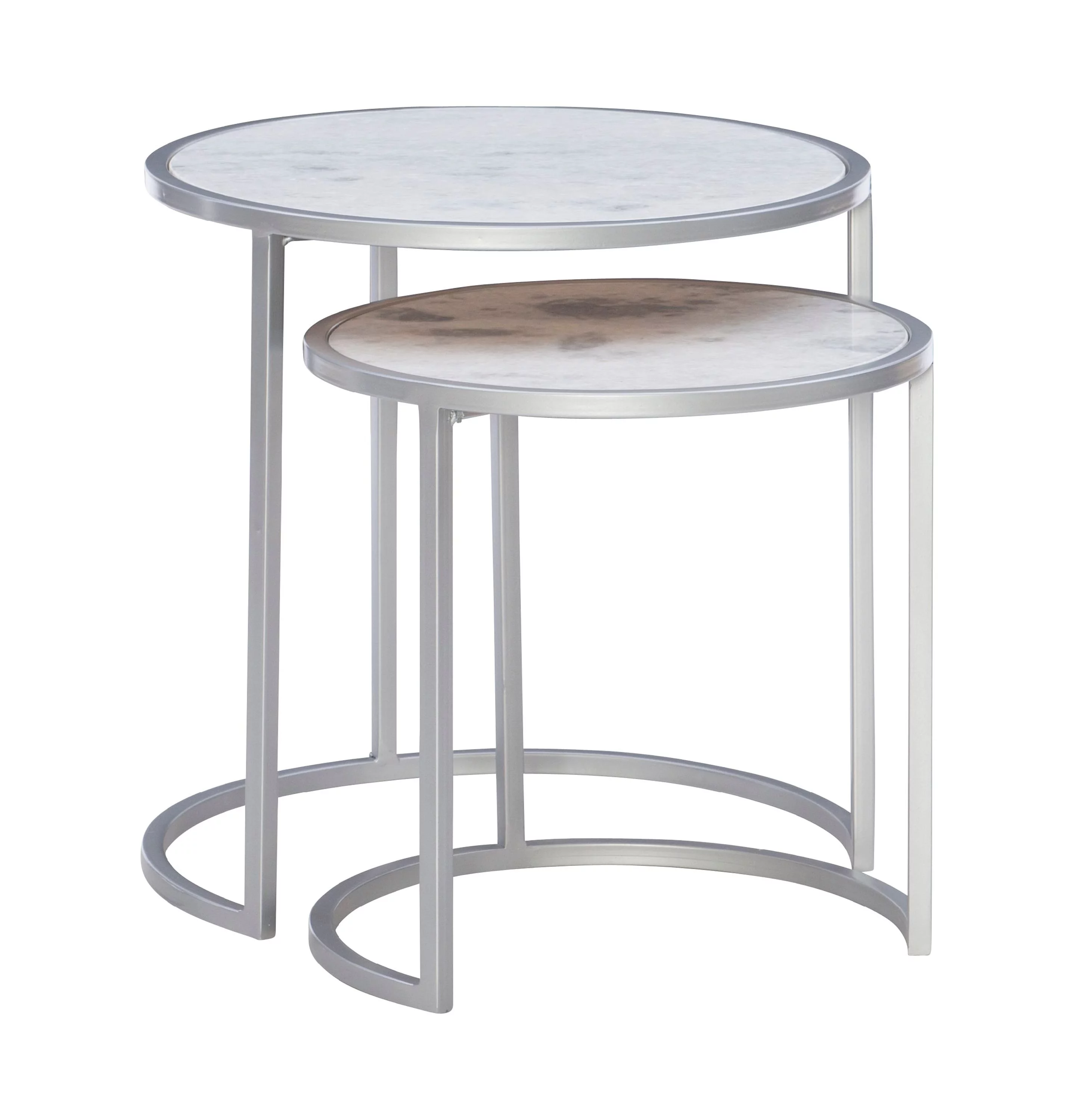 Heather Round Nesting Tables, Set of 2, Silver Metal Base with White Marble Tops