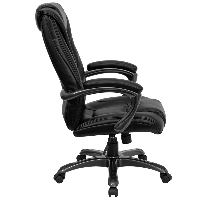 BizChair High Back Black LeatherSoft Layered Upholstered Executive Swivel Ergonomic Office Chair with Smoke Metal Base and Arms