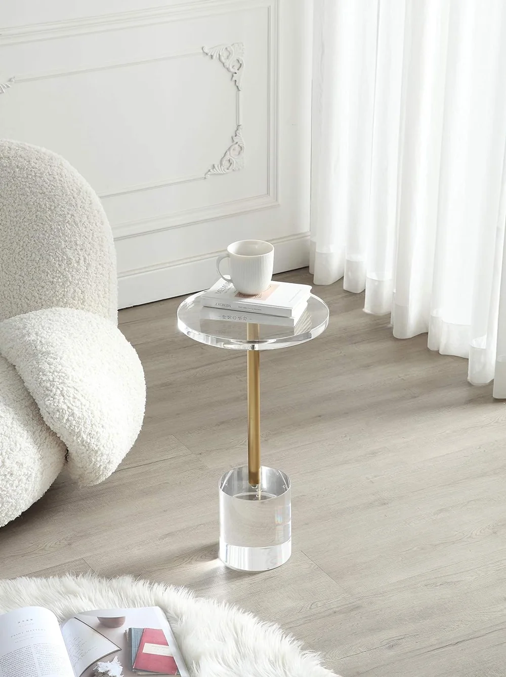 Yone jx je Clear Acrylic End Table,Side Table,Brushed Brass Metal,Round,for Office, Living Room and Bedroom