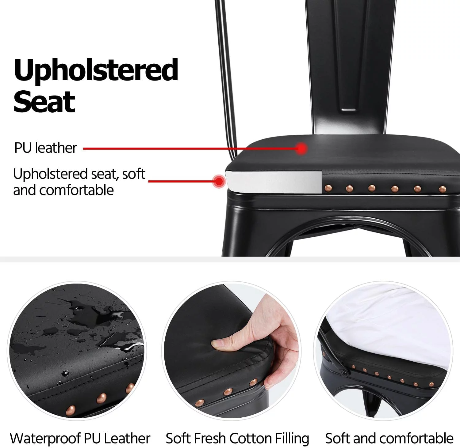 4pcs Metal Dining Chairs with PU Leather Seat High Back Soft Cushioned Industrial Classic Iron Chairs Chic Dining Bistro Cafe Coffee Chair 18 Inch Black